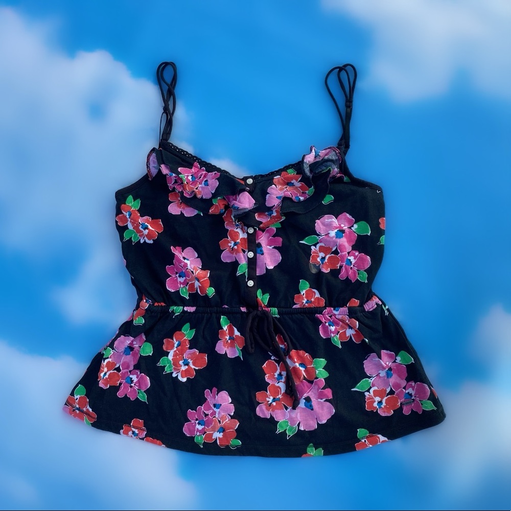 BNWT AERO Black Floral Ruffle Trim Tank Top